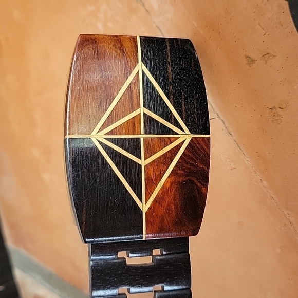 Solid wood belt with buckle geometric art inlayed wood designer belt rare item - Picture 3 of 9